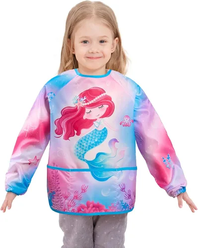 Vista 18 de WERNNSAI Bata de arte para niños impermeable con manga larga y 3 bolsillos de pintura