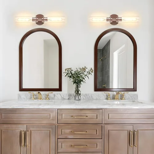 Vista 26 de Lanhall 2 lámparas de baño de níquel cepillado sobre el espejo, moderna lámpara de tocador de pared con pantalla de vidrio transparente para baño