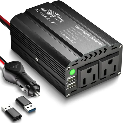Vista 8 de Inversor de corriente de 300W para vehículos DC 12V a 110V AC Adaptador de enchufe de coche Convertidor de salida con 4.8A Dual USB y USB-C