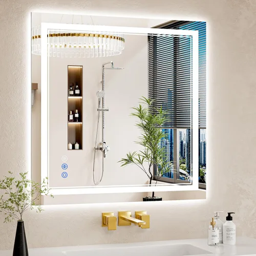 Vista 33 de Espejo de baño LED de 30 x 40 pulgadas con luces, antiniebla, retroiluminado + luz frontal, regulable, espejo de tocador LED para pared, espejo