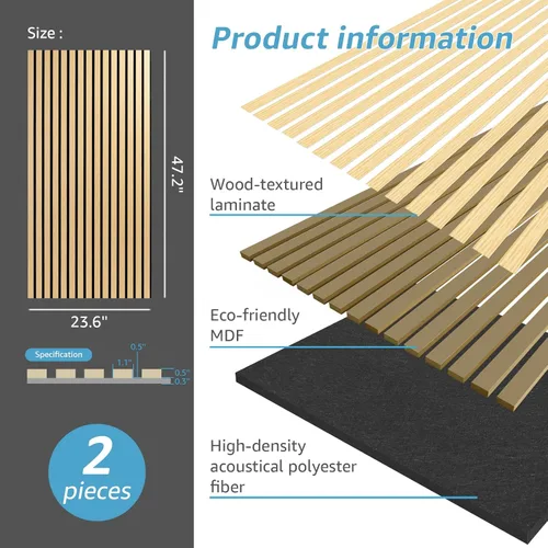 Vista 5 de Art3d 2 paneles acústicos de listones de madera para pared y techo, panel de absorción de sonido acanalado 3D con acabado de madera, roble