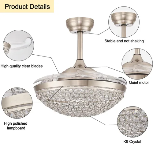 Vista 6 de Ventiladores de techo de cristal de 42 pulgadas, ventilador de techo remoto con luces LED regulables, modernos candelabros de cristal