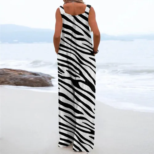 Vista 4 de Enterizo de verano para mujer 2023 con botones, casual, holgado, sin mangas, con bolsillos