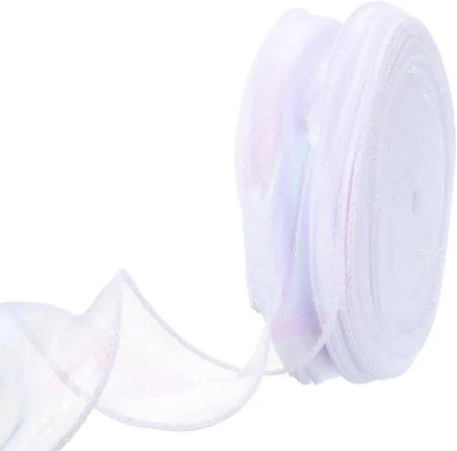 Vista 10 de MECCANIXITY Cinta de Organza Transparente con Alambre Brillante de 1 1/2" de Ancho, Cintas de Gasa Iridiscente con Brillo Pastel, 10 Yardas, Morado
