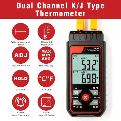 Vista 2 de Termómetro de termopar digital de doble canal tipo K/J -328 ~ 2501℉ Medidor de temperatura HVAC con 4 sondas de termopar tipo k, alarma