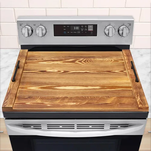 Vista 7 de Tabla para Estufa de Fideos de 30"x22" Cubierta de Estufa para Estufas Eléctricas y de Gas, Cubierta de Tope de Estufas de Bambú para Espacio