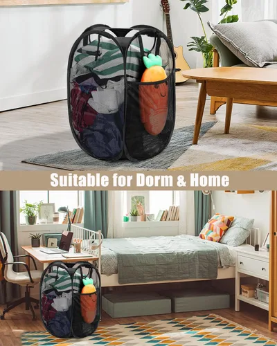Vista 7 de HOUSE AGAIN Cesta de lavandería emergente de malla, [Reforzada] cesta de lavandería plegable, cesta emergente plegable con asas duraderas, fácil