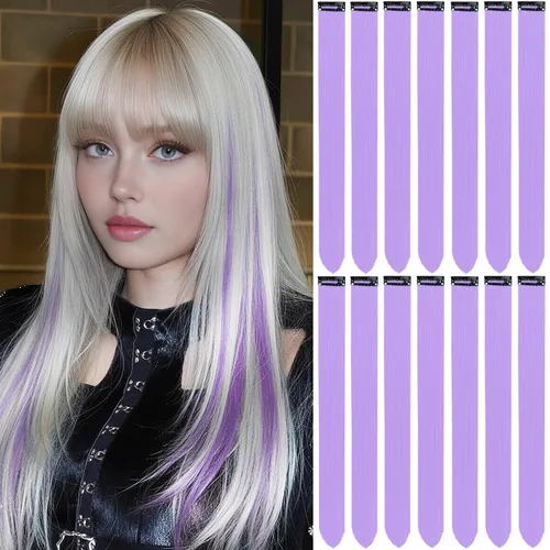 Vista 8 de 20 extensiones de cabello de colores, coloridas extensiones de cabello sintético con clip, extensiones de cabello sintético largo y lacio