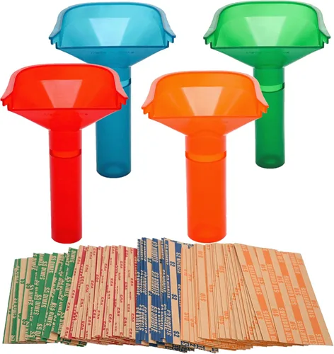 ESSENTIAL Juego de 4 tubos de conteo de monedas, tubos codificados por colores, incluye 100 envoltorios planos surtidos para monedas para cuartos,
