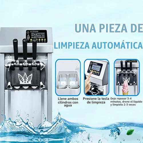 Máquina comercial de helado suave, 2200 W, 3 sabores, rendimiento de 18-29 L/H, 5-7.4 galones, máquina de yogur de helado con limpieza automática