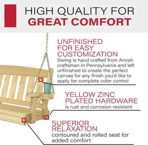 Vista 3 de Amish - Columpio casual resistente de 800 libras con tratamiento de misión con cadenas colgantes y portavasos (5 pies, sin terminar)