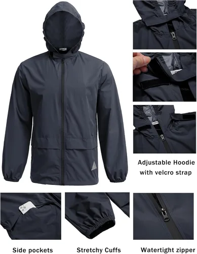 Vista 4 de COOFANDY Traje de lluvia para hombre, impermeable, ligero, transpirable, chaqueta de lluvia, pantalones de 2 piezas, traje de lluvia