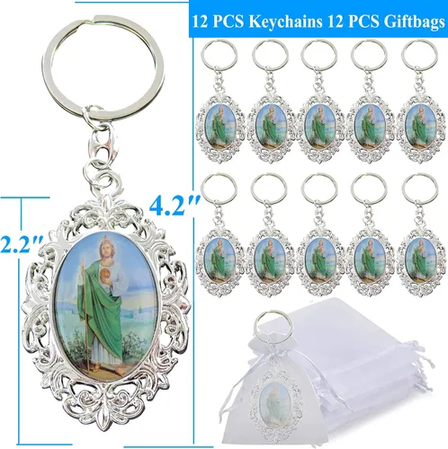 Vista 8 de 12 piezas de anillo de metal de San Judas Keychian favores de bautismo para niños y niñas Recuerdos de Bautizo San Judas (Wht)