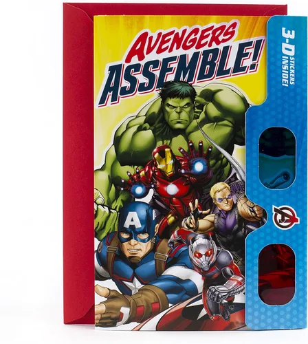 Hallmark Tarjeta de cumpleaños de los Vengadores con pegatinas 3D y gafas (los vengadores se ensamblan!) (499RZB7022)