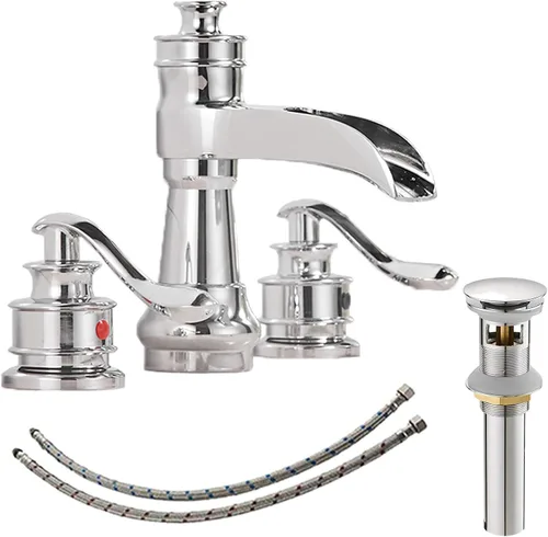 Grifo de baño de 3 agujeros u 8 pulgadas, grifo de cascada de latón de 2 manijas para fregadero de baño, 3 agujeros montado con drenaje emergente y