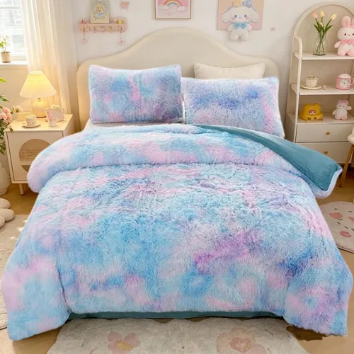SUCSES Juego de funda de edredón de piel sintética tamaño Twin, juego de ropa de cama de felpa peluda de arcoíris tie-dye para niñas, juego de funda