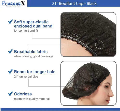 Vista 3 de ProtectX Paquete de 100 redes desechables negras para el cabello, cubierta elástica para la cabeza, gorras Bouffant, cubierta de cabeza