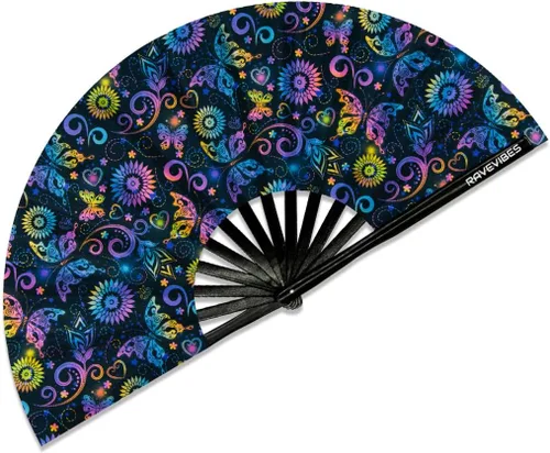 Vista 10 de Ravevibes Ventilador de mano plegable grande de 13 pulgadas, ventilador de bambú para festivales de bambú, ventiladores plegables con brillo UV