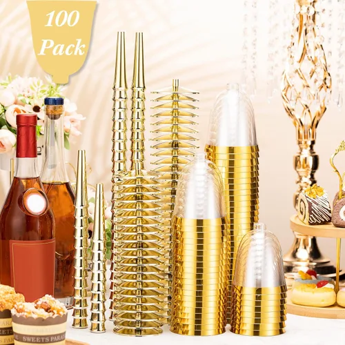 Vista 3 de Paquete de 100 copas de vino de plástico desechables con borde a granel de 8 onzas, elegantes copas de vino con tallo largo, copas de vino Dorado