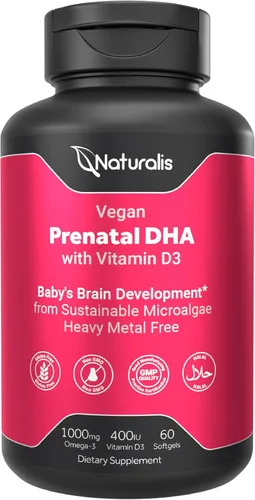 Naturalis Vegano Prenatal con Especro Completo Omega-3 | Algas DHA, EPA, DPA, vitamina D3 y folato activo L 5-MTHF | Certificado de la sociedad