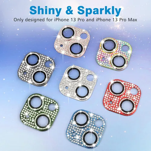 Vista 6 de Protector de lente de cámara para iPhone 13 & iPhone 13 Mini, brillante con diamantes de imitación 3D con purpurina, cubierta de cámara de vidrio