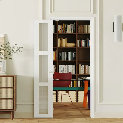 Vista 30 de Puerta Plegable de 180 Grados, para Aberturas de Puerta de Despensa de 24″x 80″, Puerta Plegable Blanca 1-Lite con Vidrio Esmerilado con Conjunto