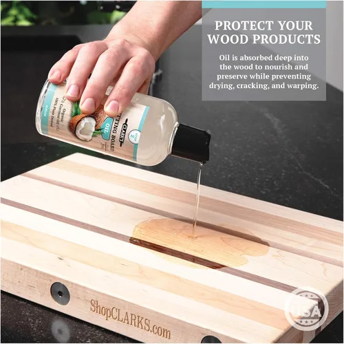 Vista 6 de CLARK'S Kit de cuidado de tabla de cortar con aceite de coco, incluye aceite de bloque de carnicero y cera, fabricado con aceite de coco refinado