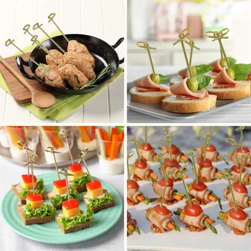 Vista 4 de Minisland 200 palillos de dientes de bambú prémium para cóctel, 4.7 y 6 pulgadas de largo, brochetas anudadas para bocadillos de frutas, aperitivos