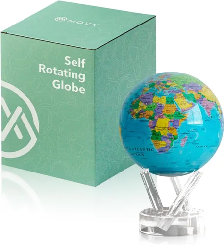 MOVA Globo – Mapa político azul océano clásico (4.5 pulgadas) | Globo del mundo giratorio alimentado por luz | Decoración educativa del hogar, no