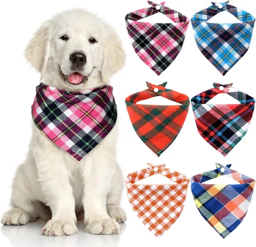 Vista 10 de Honoson 6 pañuelos triangulares para perro, bufanda para perro, bufanda con estampado a cuadros, baberos ajustables, lavables, juego de bandana