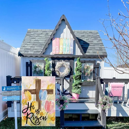 Vista 6 de Bandera de jardín de Pascua con texto en inglés «He is Risen» para exteriores, de doble cara, de doble cara, decoración religiosa cristiana