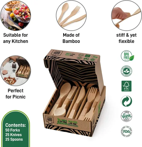 Vista 2 de 2ZEBRAZ - Juego de cubiertos de bambú – 100 utensilios desechables (50 tenedores, 25 cuchillos, 25 cucharas) Cubiertos suaves reutilizables