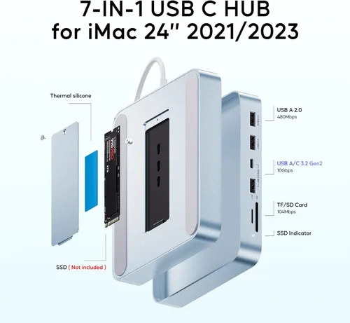Vista 3 de HUB USB C para iMac de 24 pulgadas 2021/2023/2024, Adaptador de HUB USB de PULWTOP, Accesorios para iMac M1/M3/M4 con USB C 10Gbps 3*USB A SD/TF