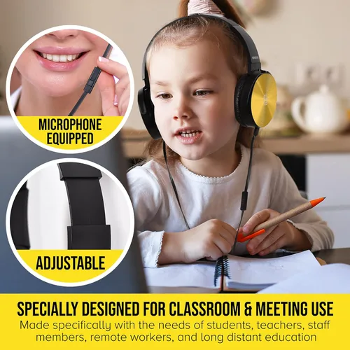 Vista 2 de Auriculares prémium para aula con micrófono (paquete de 5) – Auriculares con cable para niños con micrófono para estudiantes escolares K-12