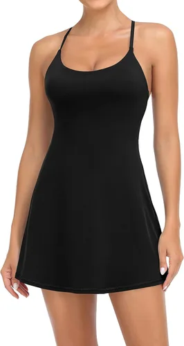 Workout Tennis Dress for Women with Built-in Bra Shorts, Adjustable Shoulder Straps and Pockets
