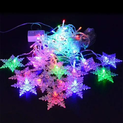 Vista 7 de Guirnalda de luces de copo de nieve de Navidad, 20 pies, 40 luces LED, funciona con pilas, impermeable, iluminación parpadeante, decoración