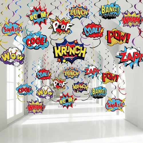 Sumind 54 carteles colgantes con temática de héroe y espirales de acción de héroe, cartel de papel de aluminio para decoración de fiestas de niños,
