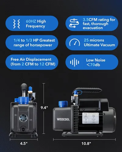 Vista 4 de Wisscool - Bomba de vacío de AC de 3.5CFM y juego de manómetro de 3 vías, kit de manómetro de vacío de aire HVAC de 110V 1/4 hp con 3 adaptadores