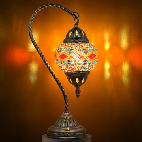 Vista 14 de Marrakech Lámpara de mesa estilo Tiffany, con mosaico turco marroquí hecho a mano, con base de bronce y cuello de cisne, bombilla LED incluida