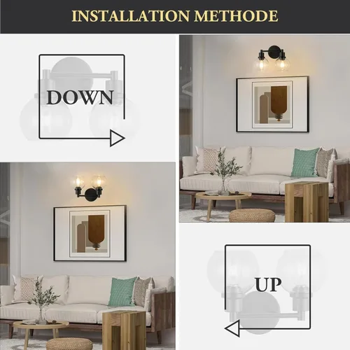 Vista 5 de Lámpara de tocador de baño, 2 luces, lámparas de baño negras con pantalla de vidrio transparente de globo transparente, aplique de pared negro mate