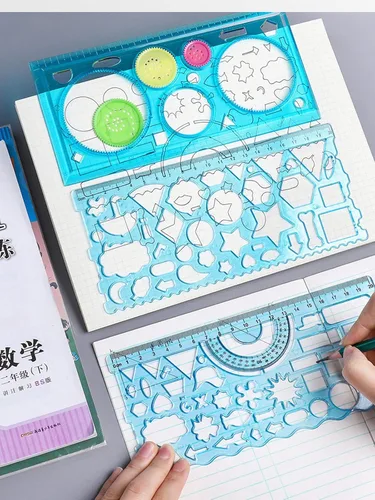 Vista 2 de Regla geométrica multifuncional de 3 piezas para herramientas de dibujo, suministros escolares, reglas