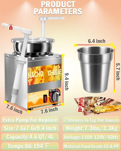 Vista 6 de Dispensador de queso Nacho, dispensador de queso nacho de 4.6 cuartos de galón con bomba, calentador de queso de dulce de azúcar caliente de acero