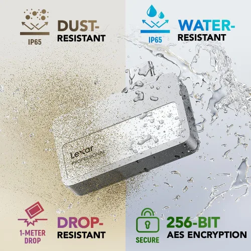 Vista 7 de Lexar SSD portátil Professional Go de 1 TB, compatible con Apple 4K 60fps ProRes, hasta 1050 MB/s, USB 3.2 Gen 2, resistente, IP65, ultracompacto