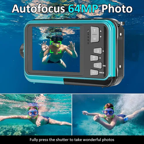 Vista 4 de Cámara subacuática 4K de 16 pies Cámara impermeable con tarjeta de 32 GB, enfoque automático de 64 MP, cámara submarina selfie de doble pantalla