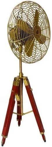 Vista 6 de Ventilador eléctrico con cable hecho a mano de latón antiguo estilo vintage con soporte de trípode ajustable de madera, diseño retro, coleccionable