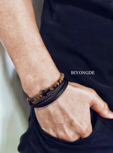 Vista 2 de BIYONGDE Black Braided Leather Bangle Bracelet for Men, Stainless Steel Cross Beads Chain