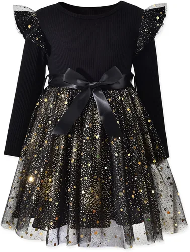 Vestido de tul de manga larga para niña pequeña de 1 a 5 años Negro