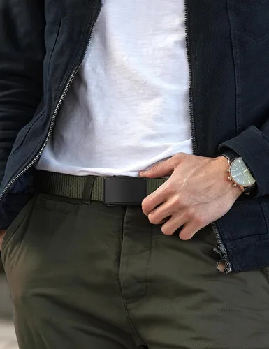 Vista 6 de JUKMO - Cinto de nailon con trinquete de 1.5" para hombre, cinturón de nailon con hebilla deslizante para jeans, sin orificios, ajustable para un