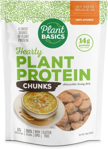 Plant Basics - Proteína vegetal abundante, trozos sin sabor, 1 libra, sin OMG, sin gluten, baja en grasa, baja en sodio, vegano, sustituto de carne