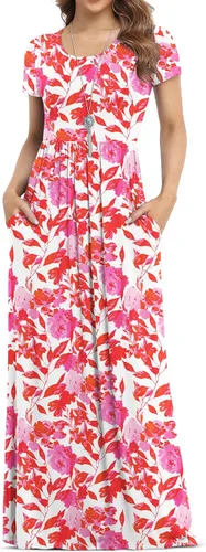 Vista 40 de VIISHOW Vestidos Maxi de Manga Corta para Mujer, Holgados, Lisos, Vestidos Largos Casuales con Bolsillos Verde oscuro